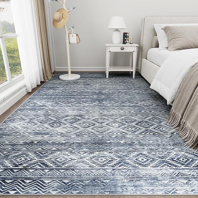 8x10 Area Rugs Washable Rug: Anti-Skid Abstract Modern Living Room Rug Soft Thin Carpets Indoor Floor Non-Shedding Carpet for Bedroom Dining Farmhouse Nursery Home Office (Blue Grey White, 8'x10')