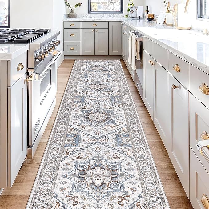 OPPODREAM Soft Entryway Rug 2x10, 2x10 Rug Runner, Neutral Washable Hallways Carpet 2 x 10 with Non Slip Backing, Low-Pile Bedside Carpet 2 x 10, Long, Faux Cashmere, Cream White & Blue & Light Brown