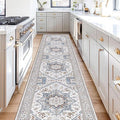 OPPODREAM Soft Entryway Rug 2x10, 2x10 Rug Runner, Neutral Washable Hallways Carpet 2 x 10 with Non Slip Backing, Low-Pile Bedside Carpet 2 x 10, Long, Faux Cashmere, Cream White & Blue & Light Brown