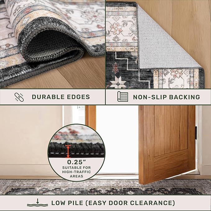 Boho Washable 4x6 Entryway Rug - Non-Slip Low Pile Geometric Area Rug for Living Room, Large Kitchen, Bedroom, Office - Ultra Soft Dark Modern Aesthetic Decor, Black & Multi