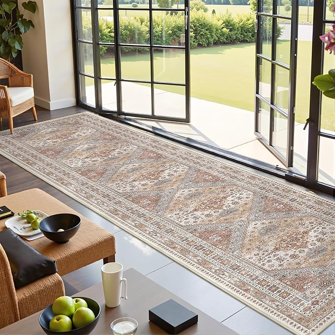 Carpet Runners for Hallway 12ft, Non-Slip Long Bathroom Rugs Runner for Kitchen, Living Room, Bedroom, Soft Vintage Washable Rug for Entryway, Thin Floor Mat for Dining Room(Orange,2.5'x12')