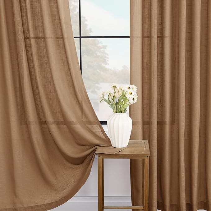 Brown Curtains for Living Room Back Tab Modern Farmhouse Semi Sheer Curtains 84 inches Long 2 Panels Set Muted Neutral Window Curtain for Dining Room Bedroom 52x84