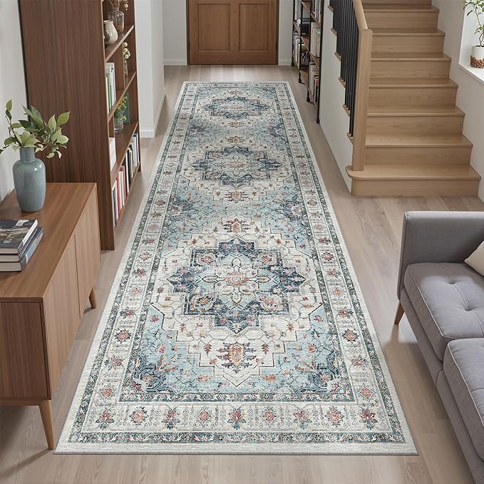 Madane Runner Rug 2'6''x8' Kitchen Runner, Hallway Runner Vintage Washable Rugs Soft Non-Slip Low Pile 2.5x8 ft Runners for Hallways Laundry Room Distressed Rug, Blue