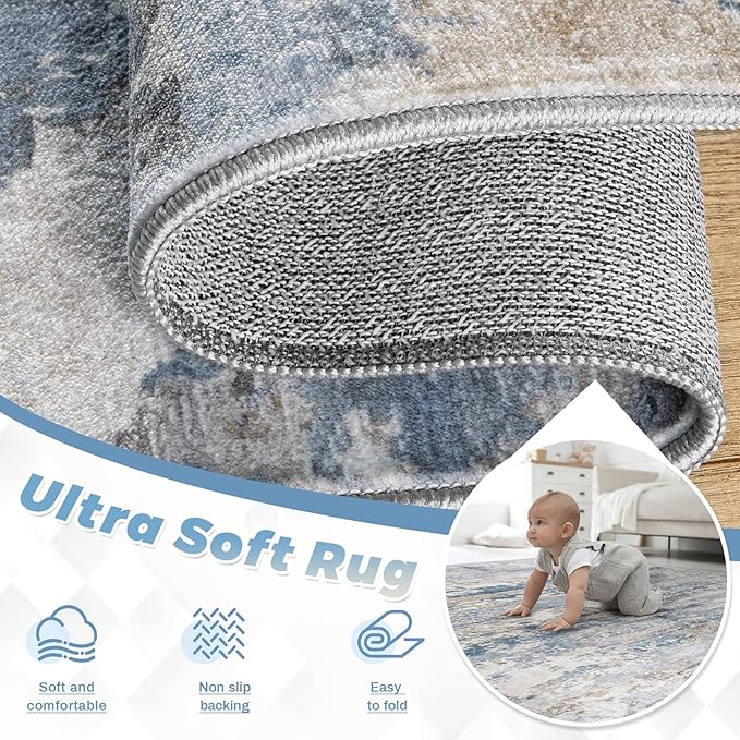 Area Rugs 8x10 for Living Room: Washable Rug Modern Abstract Neutral Soft Non-Slip Low-Pile Indoor Large Carpet for Bedroom Dining Room Playroom Home Office (Light Blue Brown, 8'x10')