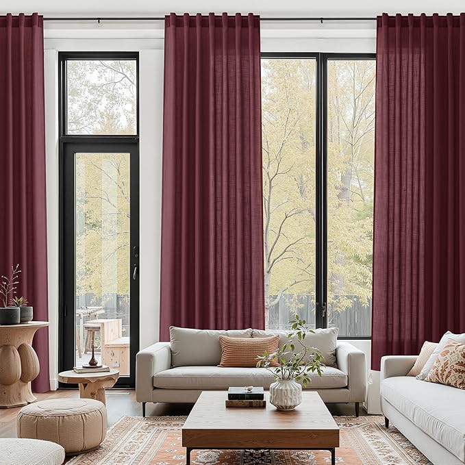Nanspring Burgundy Linen Curtains for Living Room 105 Inches Long Light Filtering Semi Sheer Curtain Back Tab Vintage Boho Decor Elegant Luxury Drapes for Bedroom Dinner Room 52x105, 2 Panels