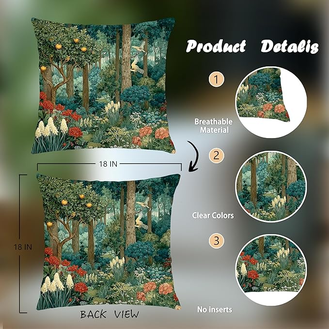Rustic Forest Green Pillow Covers 18x18 Double-Sided, Cottagecore Summer Lemon Forest Nature Botanical William Morris Inspired Decorative Throw Pillow Covers for Sofa Bed Bedroom Living Room