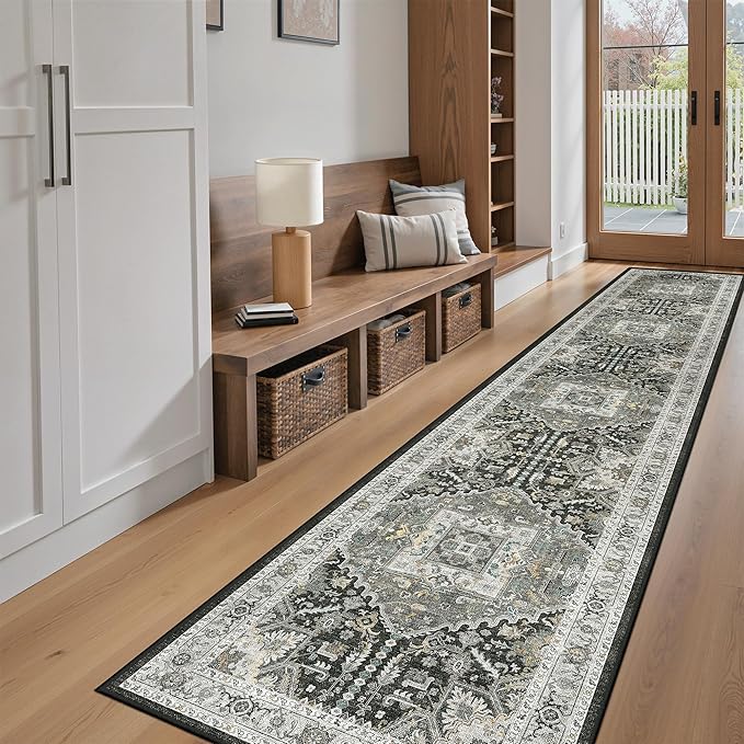 Madane Hallway Washable Runner Rug 2x10, Vintage Kitchen Rugs Soft Entryway Rug Runner Non Slip Indoor Floor Carpet for Bathroom Living Room Bedroom, Grey Green/Black Olive