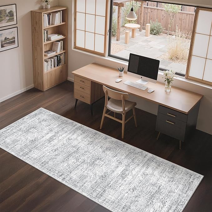 3x8 Runner Rug Non Slip Washable for Entryway, Vintage Hallway Runner for Front Porch, Laundry Room, Bedroom, Abstract Stain Resistant Thin Indoor Kitchen Mats for Floor(3'x8', Grey/Ivory)