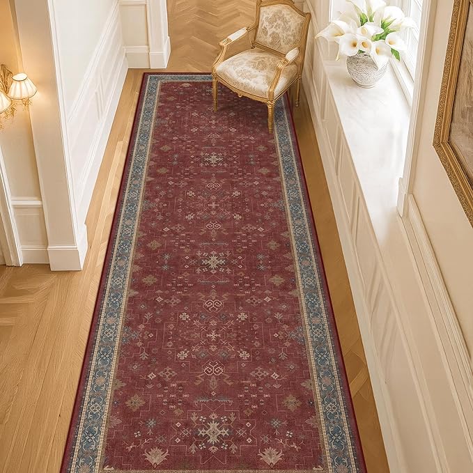 Dark Red 2'6''x8' Wide Hallway Runner Rug - Washable Kitchen Sink Rug, Non Slip 8ft Long Runner Rug for Entryway, Burgundy Turkish Floral Print Home Décor