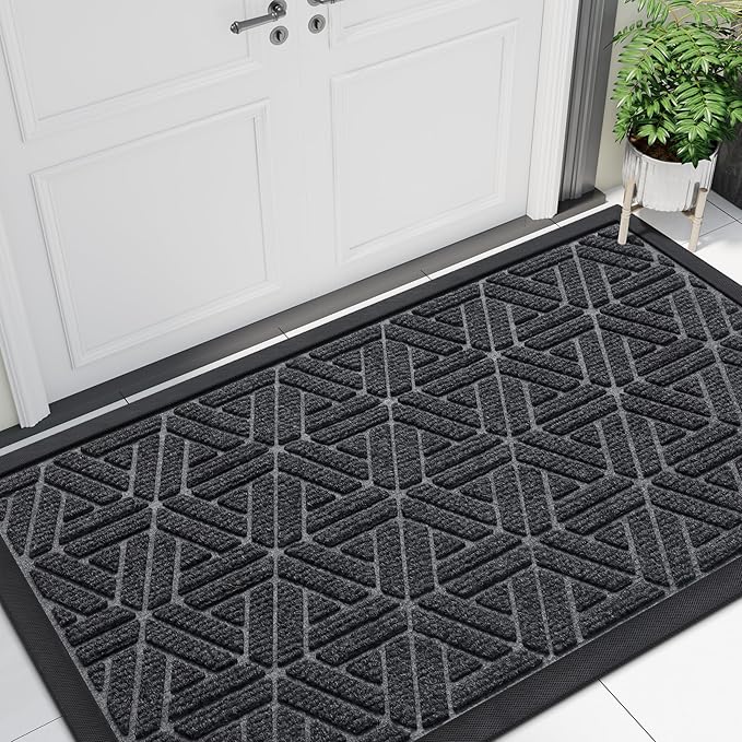 Smiry Front Door Mat Outside Entrance, Heavy Duty Sturdy Natural Rubber Doormat, Trap Dirt and Moisture, Easy Clean Low Profile Mats for Indoor Outdoor Entry, Grid Geometric (47x23, Grey)