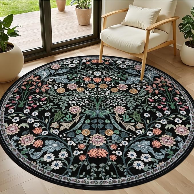 Round Area Rug for Living Room: 4 ft Floral Washable Circle Rug Soft Boho Non-Slip Carpet Indoor Stain Resistant Low Pile Small Circular Rug for Bedroom Entryway Kitchen Nursery Home Office Dark Black