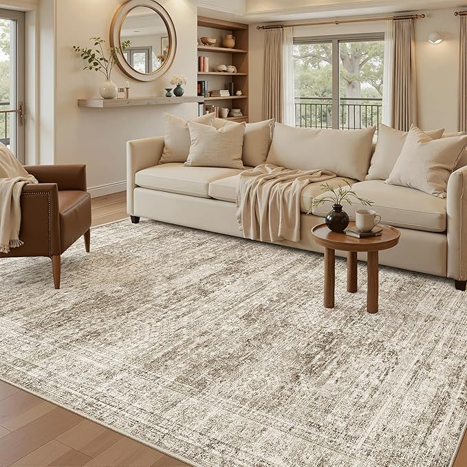 5x8 Area Rugs Brown Low Pile Indoor Washable Trendy Faded Style Rugs for Bedroom Living Room Dining Room Foldable Non-Slip Thin Print Home Office Mat