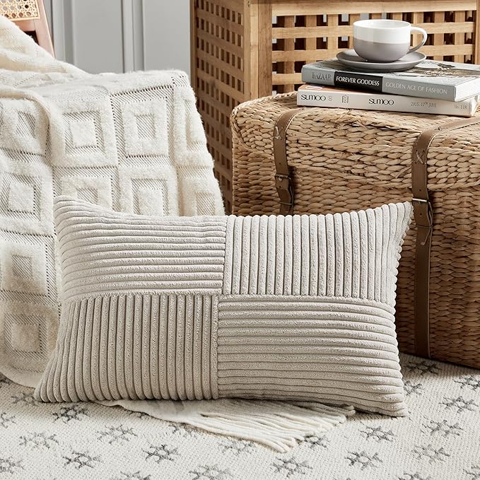 Fancy Homi 2 Packs Neutral Taupe Lumbar Decorative Throw Pillow Covers 16x32 Inch for Living Room Couch Bed Sofa, Farmhouse Home Decor, Soft Striped Corduroy Rectangle Accent Cushion Case 40x80 cm