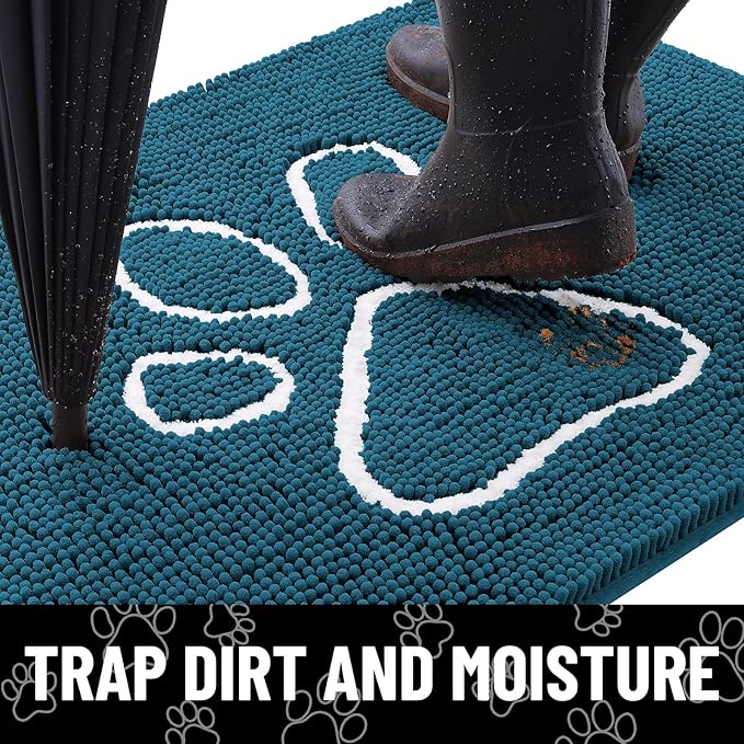 Smiry Dog Door Mat for Muddy Paws, Absorbent Dirt Trapper Non Slip Quick Dry Washable Chenille Mat for Mud Dogs, Entry Rug for Indoor and Outdoor (30x20 Inches, Atlantic Blue and White)