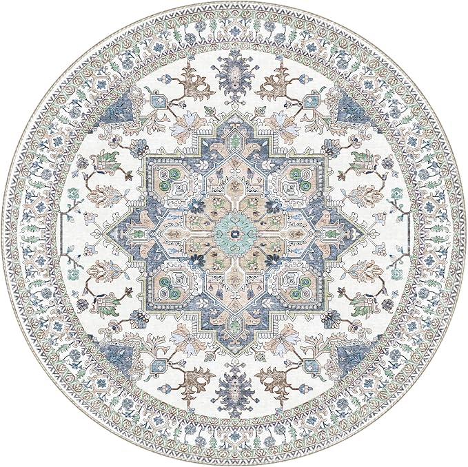 OPPODREAM Soft Round Rug 6ft, Washable Circle Rug 6ft with Non Slip Backing Play Room, Low-Pile Carpet 6 ft, Faux Cashmere Throw Carpet, Purple & Green & Cream