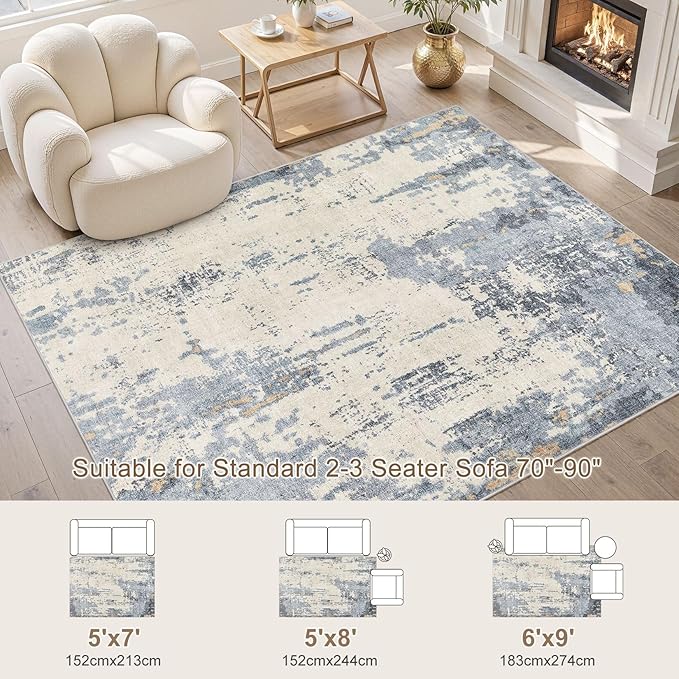 UERMEI 5x7 Area Rug Living Room Rugs - Washable Neutral Modern Abstract Soft Thin Rug Indoor Floor No Slip Rug Carpet for Bedroom Under Dining Table Home Office Decor - Blue/Light Brown