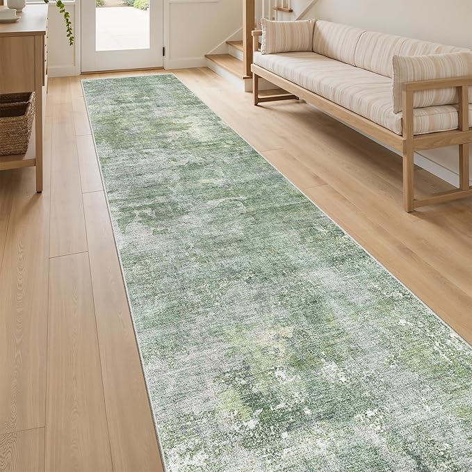 Runner Rug 2x12 Washable Non-Slip Hallway Runner Rugs for Kitchen Bathroom Laundry Room Green/Ivory Vintage Floor Carpet Runners for Hallways Entryway