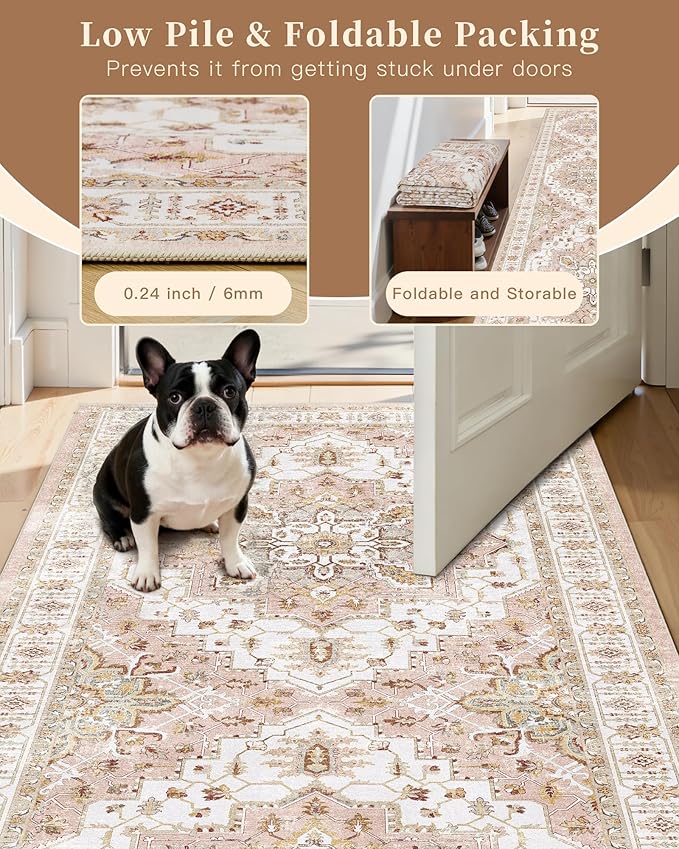 Madane Washable Runner Rug - 2x6 Rug Runners for Hallways 6 Feet Non Slip Vintage Kitchen Runner Rug Ultra-Thin Bathroom Runner Rugs Carpet Laundry Room Bedroom (2x6ft, Pink)