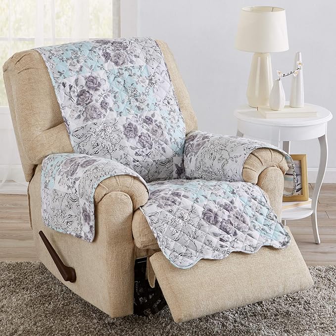 Great Bay Home Reversible Floral Patchwork Recliner Furniture Protector - Machine Washable, Scalloped Edge, Stain Resistant, Printed Furniture Cover for Dogs, Kids, and Pets (Gray/Aqua)