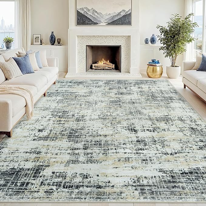 8x10 Area Rugs for Living Room Washable Rug: Anti-Skid Abstract Modern Living Room Rug Soft Thin Carpets Indoor Floor Non-Shedding Carpet for Bedroom Dining Farmhouse Nursery Black Gray Gold