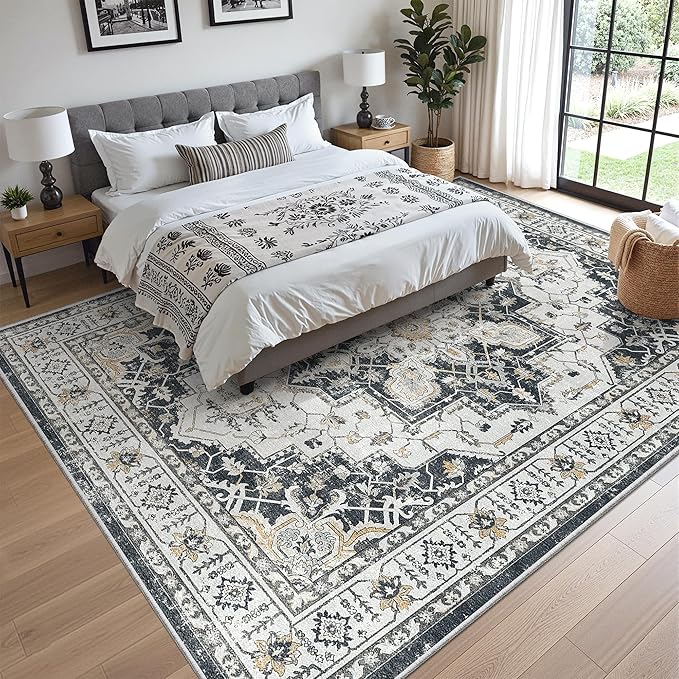 zesthome Area Rug 8x10,Ultra-Thin Washable Rugs for Living Room, Non-Slip Backing Area Rugs,Small Entryway Rug,Vintage Medallion Pattern Rugs (Black,8'x10')