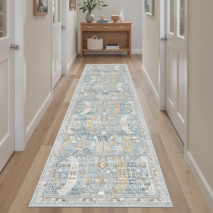 Madane Runner Rug 2x8, Washable Hallway Runner Rugs, Non-Slip Low-Pile Soft Kitchen Rug Runner Laundry Room Rug, Vintage Throw Entry Foyer Mat for Entrance Living Room (Blue/Gold, 2 x 8)