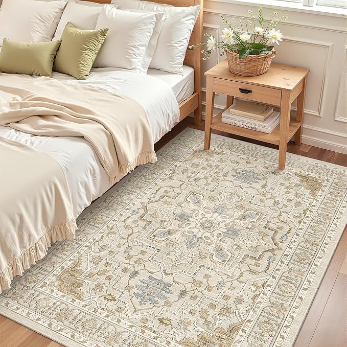 Madane Area Rug 4x6 Washable Rugs: Vintage Living Room Rug Soft Low Pile Non Slip Area Rugs Distressed Indoor Floor Carpet for Bedroom Kitchen Dining Room Home Decor, Beige/Blue