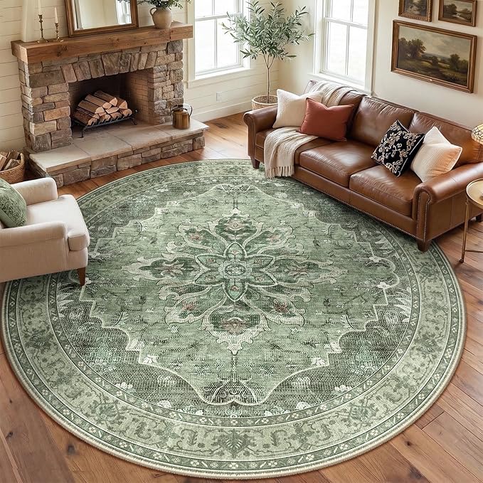 Area Rugs 8ft Washable Non-Slip, Floral Vintage Distress Print Pattern Medallion Carpet for Living Room Bedroom Dining Room, Dark Green Gray