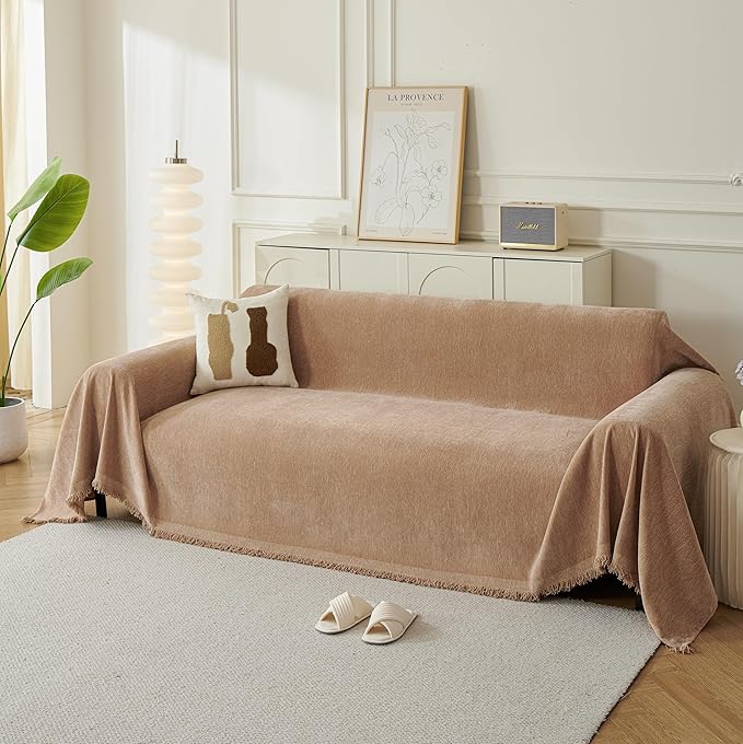 Couch Cover for Dogs, Boho Sofa Covers for 3 Cushion Couch, Chenille Sofa Slipcover for Pets Washable, L-Shape Sectional Couch Loveseat Cover Soft Throw Blankets with Tassels(71x118,Khaki)