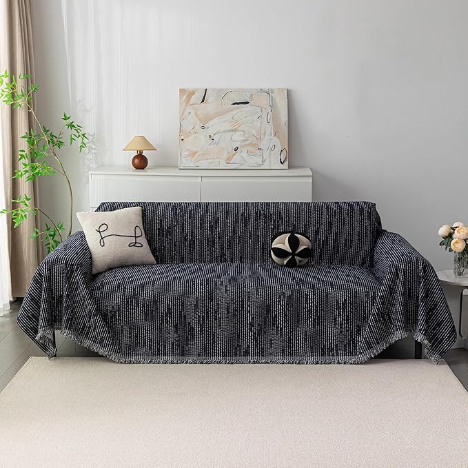 MYSKY HOME Boho Couch Cover Navy Sofa Covers with Tassel Farmhouse Sofa Slipcover Simple Couch Protector for Dogs Chenille Sectional Couch Covers L Shaped Couch Cushion Covers, 91"x 134"