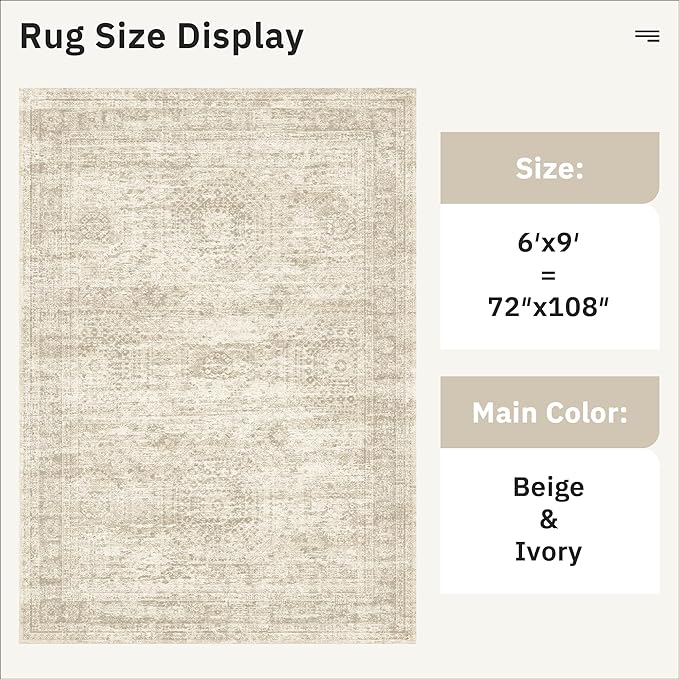 7x9 Area Rug for Living Room Washable Abstract Vintage Soft Thin Indoor Floor Non-Slip Carpet for Bedroom Dining Room Beige