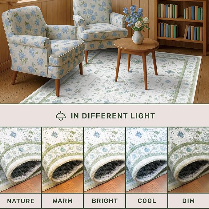 Hazo Haus Oushak Area Rug for Bedroom 5x7 - Blue and Green Vintage Boho Floral Geometric, Washable Low Pile Non Slip Area Rugs for Nursery Room, Foyer, Cozy Aesthetic Room Decor