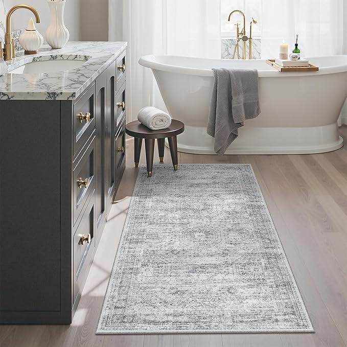2x4 Washable Rugs for Kitchen, Floor, Entryway, Powder Room Small Area Rug Non-Slip Vintage Low Pile Throw Door Mat Grey