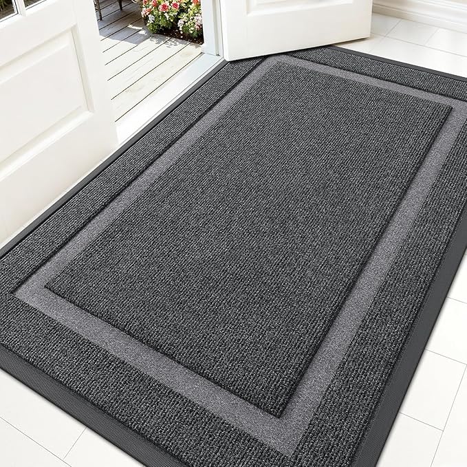 OLANLY Front Door Mat Indoor Outdoor Entrance, Waterproof All-Season, All-Weather Doormat, Sturdy Natural Rubber, Fade Resistant, Low Profile, Easy Clean Patio Porch Entryway Mat, 59x30, Grey