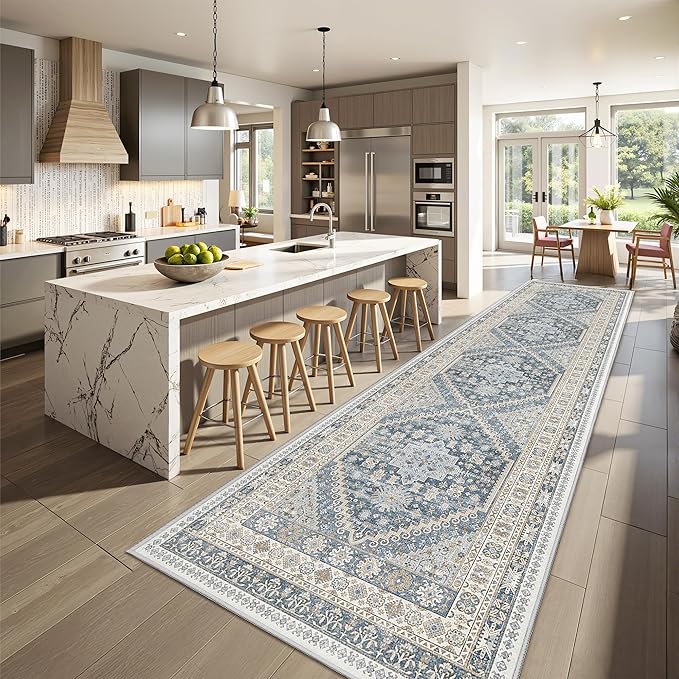 Kitchen Runner Rug Non Slip Washable 2.5x10, Soft Ultra-Thin Entryway Rug Runners for Hallways, Carpet Runner for Living Room,Kitchen, Laundry, Bathroom(Blue/Beige,2.5'x10')