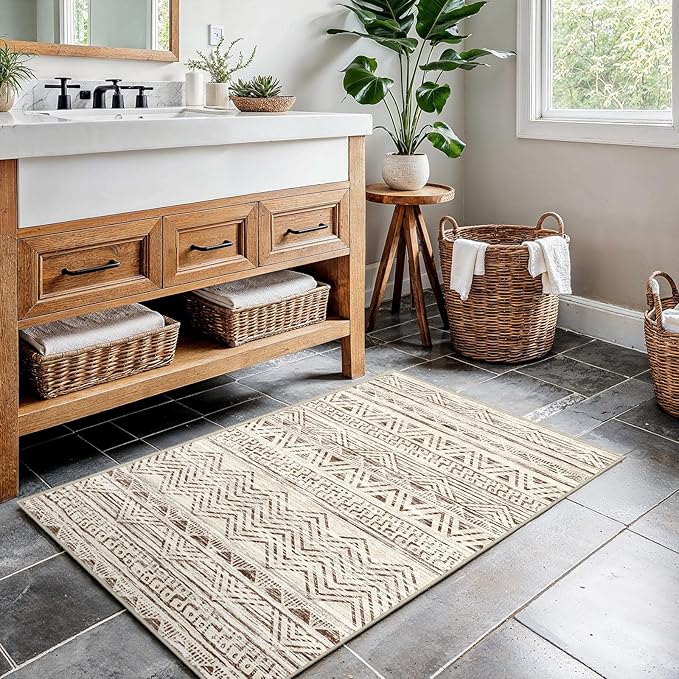2x3 Washable Entryway Area Rug: Moroccan Small Runner Rug for Hallway Soft Modern Non Slip Door Mat with Rubber Backing Low Pile Thin Floor Carpet for Kitchen Bathroom Bedroom Indoor(Beige,2x3)
