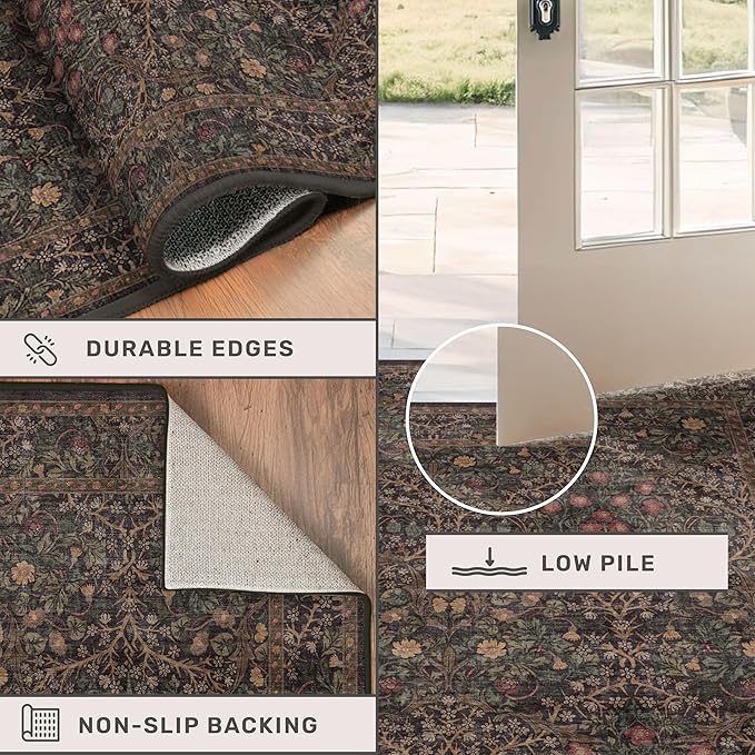 Dark Brown 2'6" x 8' Runner Rug for Hallways Non Slip, 8ft Extra Long Floor Runner for Kitchen, Entryway Indoor, Washable Rubber Backing Stain Resistant - Vintage Dark Botanical Floral Décor