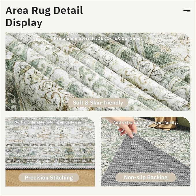 10x14 Area Rugs for Living Room, Non Slip Machine Washable Vintage Rugs, Low Pile Lightweight Large Rug for Bedroom, Dining Room, Home Office Green/Brown
