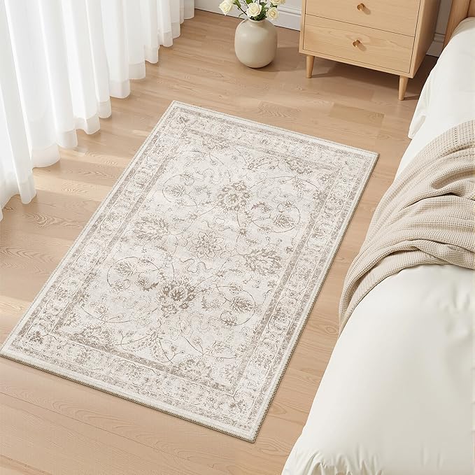 Madane 2x3 Washable Rugs for Entryway, Low Pile Non-Slip Small Area Rug Kitchen Door Mat, Vintage Soft Throw Neutral Rug Floor Mat for Indoor Front Entrance Bathroom Hallway (2 x 3, Brown/Ivory)