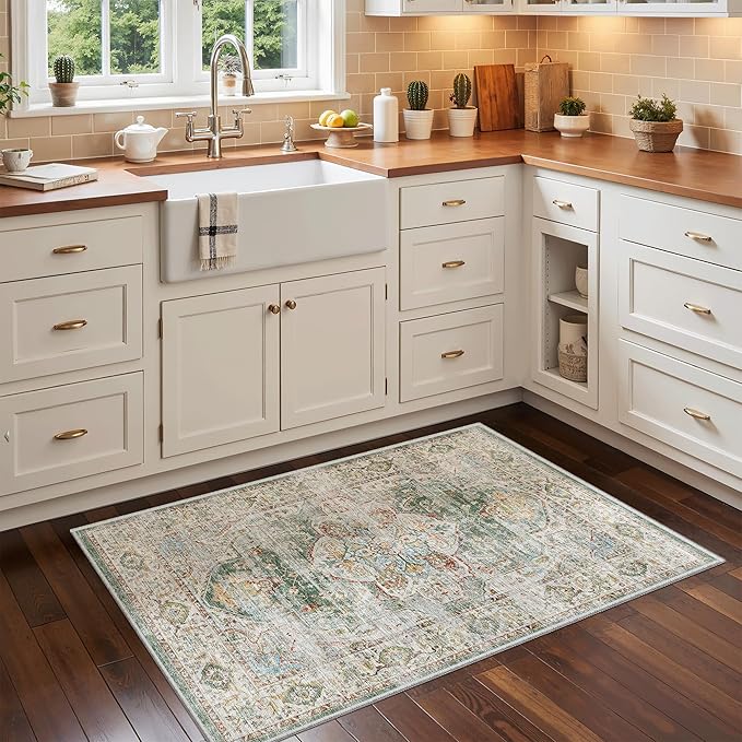 Madane Washable Area Rug 2x3, Small Entryway Rug Non-Slip Vintage Door Mat Indoor Entrance, Low Pile Floor Carpet for Inside Front Door Bedroom Kitchen Entry Laundry (2'x3', Green)
