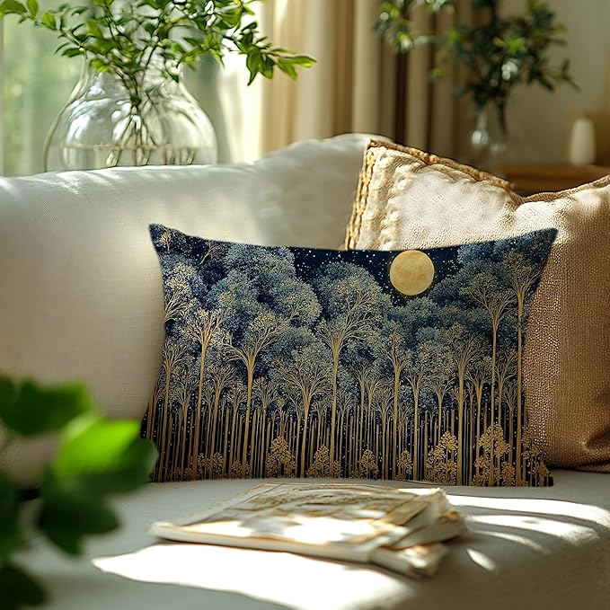 Rustic William Morris Night Forest Moon Decor Pillow Covers 12x20,Vintage Dark Gold Botanical Nature Landscape Decorative Throw Pillow Covers for Home Bedroom Living Room