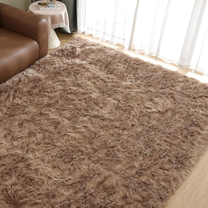 Goolela Sheepskin Area Rug 9x12 - Light Brown Beige - Fluffy Fuzzy Furry Carpet for Living Room Bedroom Faux Fur Rectangle