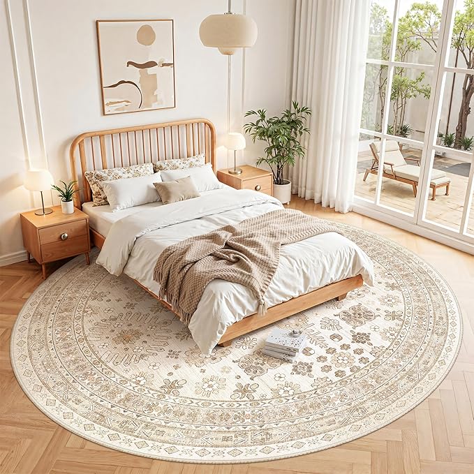zesthome 8ft Round Rugs for Living Room, Non-Slip Washable Round Area Rugs, Ultra-Thin Large Circle Rugs, Soft Low Pile Rug for Bedroom, Kitchen - Vintage Stain Resistant Round Rug (Cream/Beige,8'x8')