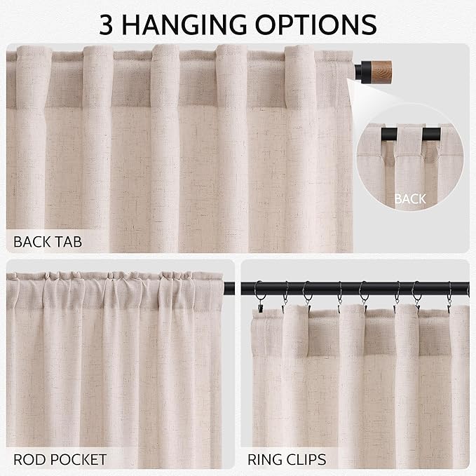 Nanspring Natural White Linen Curtains 90 Inches Long for Living Room Light Filtering Semi Sheer Neutral Farmhouse Decor Curtains Back Tab Privacy Burlap Textured Curtain for Bedroom 52x90, 2 Panels