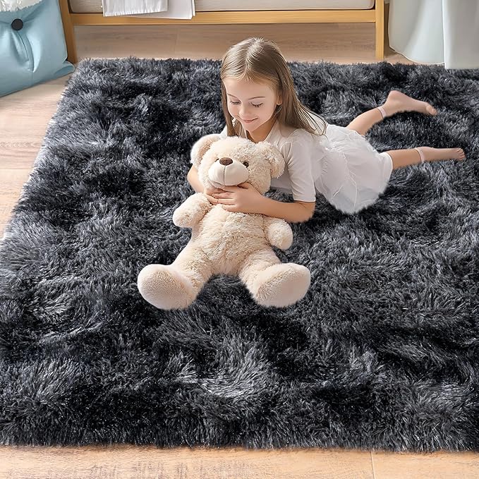 Pionblank 8x10 Rug for Living Room, Fuzzy Plush Large Area Rug, Fluffy Modern Shag Non Slip Soft Furry Carpet for Bedroom Kids Room Nursery Teens Dorm Home Decor, Dark Grey