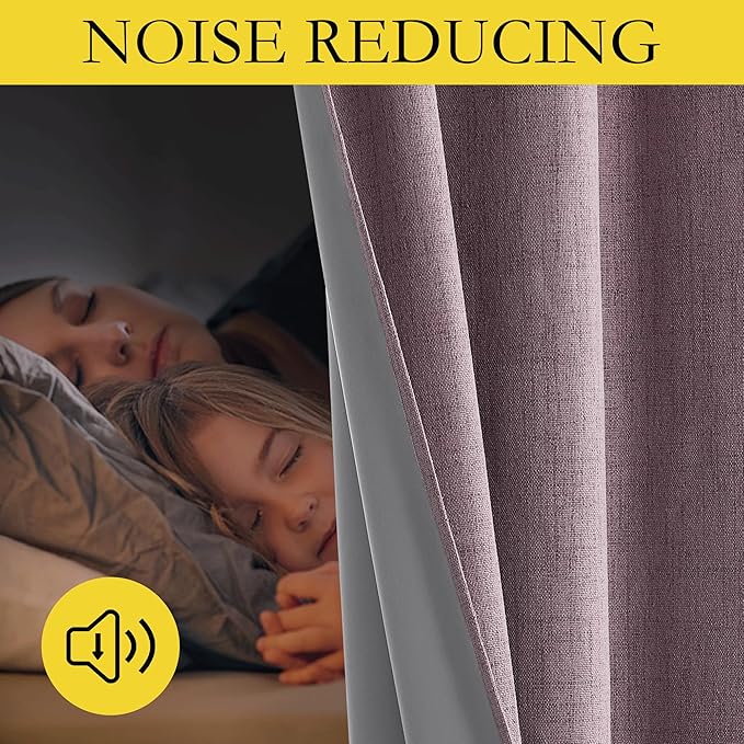 NICETOWN Chaise Mauve Vintage Linen 100% Blackout Curtains for Living Room, Thermal Insulated Curtains 108" Long, Noise Reducing Window Treatment Drapes for Hall Room, 52" Wide Per Panel, Set of 2