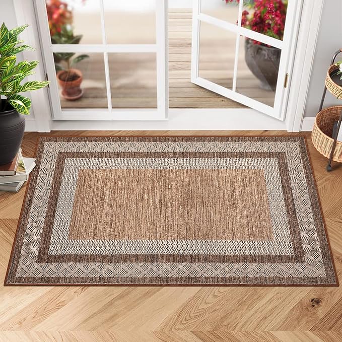 GarveeHome Modern Geometric Area Rug 2x3 Distressed Bordered Washable Non Slip Floor Small Carpet Non Shedding Thin Soft Low Pile Rug, Contemporary Gray Rug for Dining Room, Living Room Dark Brown