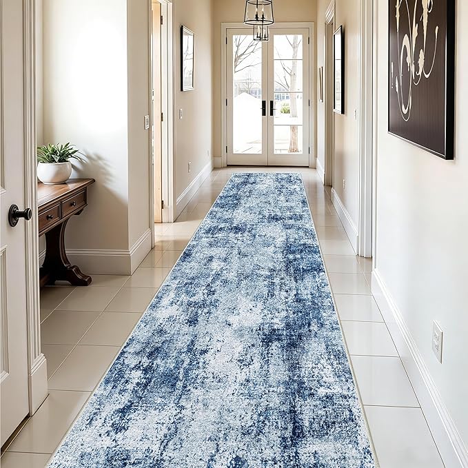 3x10 Washable Runner Rug for Hallway: Non Slip Runners Rugs Easy-to-Clean - Soft Living Room Bedroom Kitchen Carpet - Thin Low Pile Printed Floor Mat for Dining Room Blue