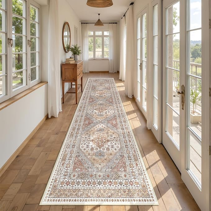Runner Rug 2x10, Ultra-Thin Kitchen Rugs Non Slip Washable Rugs for Entryway Rug, Kitchen Runner Low Pile Vintage Soft Carpets for Living Room, Bathroom Bedroom (Orange,2'x10')