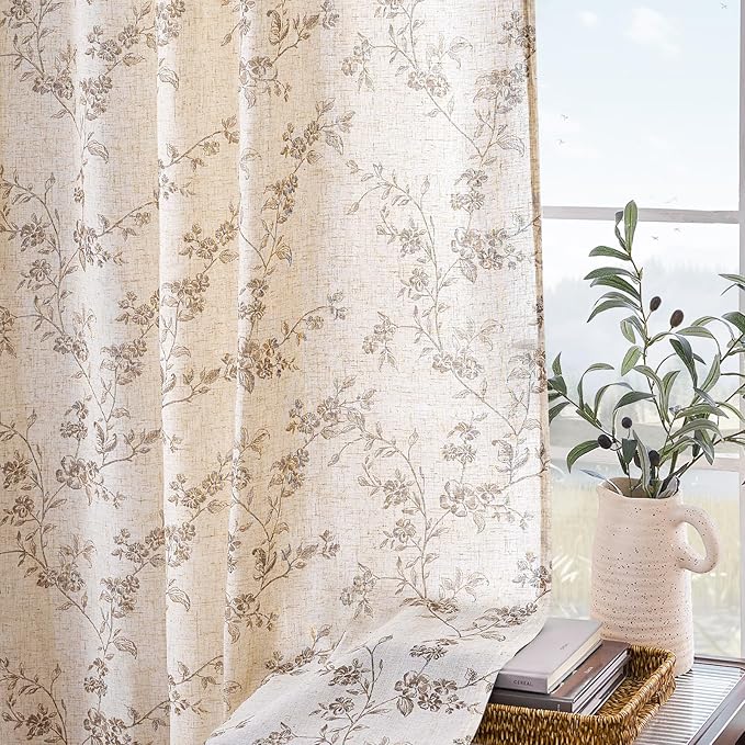 "Lazzzy Farmhouse Polyester blended Curtains Taupe Floral Curtains 96 Inch Length Back Tab Drapes for Living Room Bedroom Light Filtering Country Vintage Rod Pocket Curtain, 2 Panels, Taupe on Beige